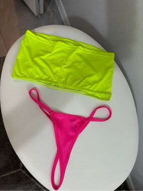 Neon Yellow Bandeau Top with Hot Pink Thong - Women Intimates